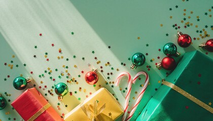 Festive Christmas Gifts and Decorations on Green Background.