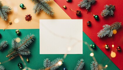 Festive Christmas Holiday Decorations with Blank Card and Ornaments.