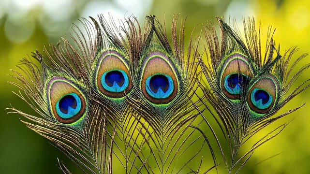Group Of Peacock Feathers With Blue Eyespots In Soft Focus Green Garden Background Detailed Close Up