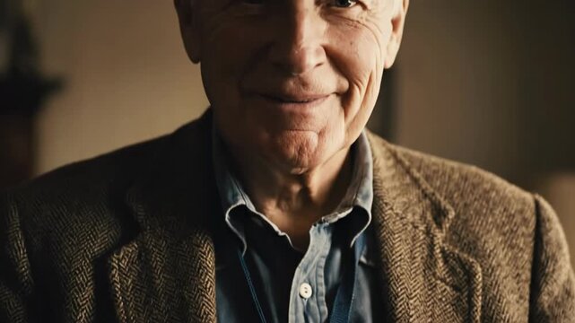 Person wearing herringbone jacket with blank identification badge