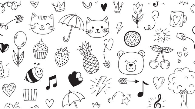 Seamless pattern with hand drawn cute doodles, cats, hearts, and summer elements vector illustration