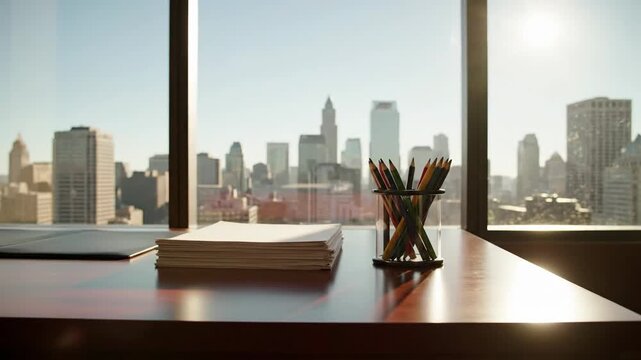 Office workspace with colorful pencils and stacked paper against cityscape view