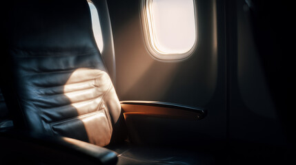 sunlit airplane seat by window, serene in-flight travel moment
