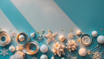 Festive Christmas Decorations on a Blue and White Surface.