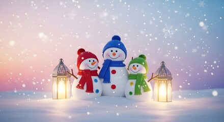 Charming trio of snowmen illuminated by warm lanterns under a magical snowfall, capturing the whimsical joy and serene beauty of a winter wonderland holiday scene