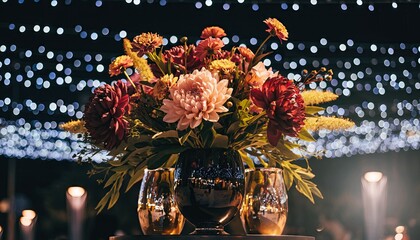 Elegant floral arrangement with glasses and bokeh lights.