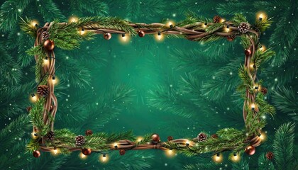 Festive Christmas Frame with Lights and Greenery on Emerald Background.