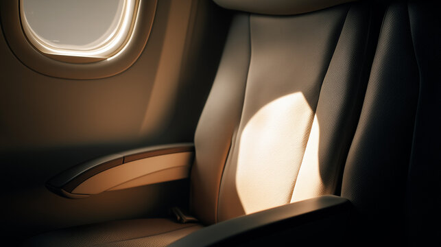 sunlit airplane seat by window, serene in-flight travel moment
 - Powered by Adobe