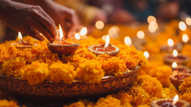 Lighting traditional clay lamps on marigold bed during spiritual observance of Dattatreya Jayanti