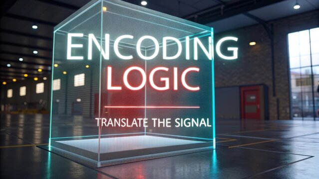 Futuristic display of encoding logic concept in a transparent cube showcasing digital signal translation in a modern industrial space
