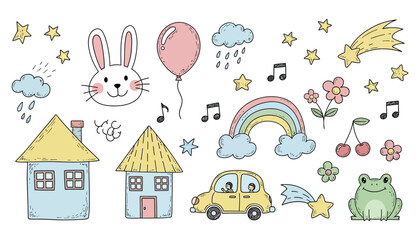 Naklejka premium Hand drawn cartoon elements with houses, rabbit, car, rainbow, stars and other objects vector illustration