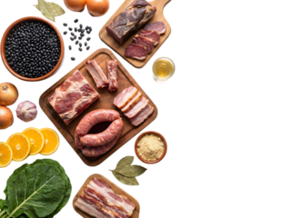 A Gourmet Spread of Fresh Ingredients Featuring Assorted Meats, Vegetables, and Aromatic Herbs for Culinary Inspiration