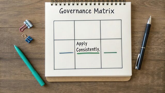 Governance matrix on a notepad with green and blue lines and stationery items showcasing planning and organization strategies