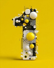 Abstract Number One Design with Geometric Shapes on Yellow Background