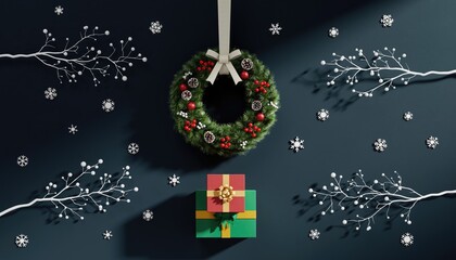 Christmas Wreath and Gifts on Dark Background.