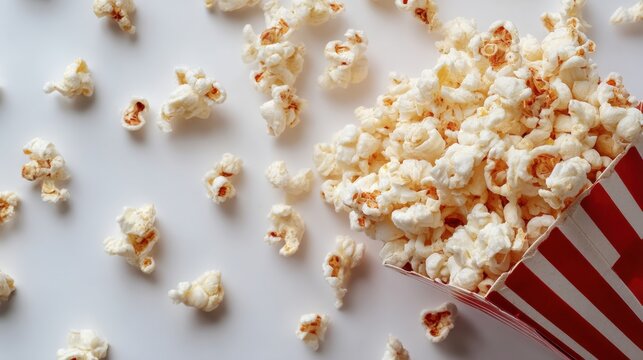 A classic red and white striped popcorn container overflows with light fluffy popcorn. Scatterings of popcorn are spread across the white surface creating a fun and inviting snack scene.