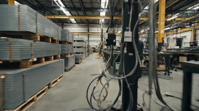 Dynamic factory floor scene showing industrial production in action, with workers crafting metal components and materials handling in a lively setting