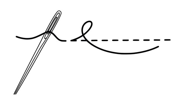 A simple line drawing of a needle and thread sewing a dashed line on white background vector illustration