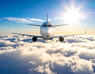 Aerial view of a commercial aircraft soaring through fluffy clouds under a bright sun