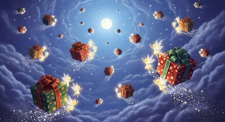 An enchanted Christmas night scene with magical flying presents and angelic helpers soaring under a full moon