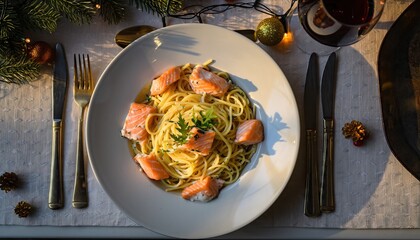 Delicious Salmon Pasta Dish on a White Plate, Fine Dining.