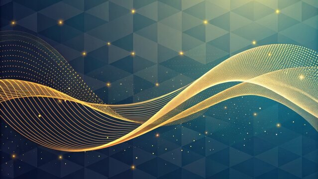 Elegant golden wave patterns over a dark blue geometric background with glowing particles and a smooth flowing design