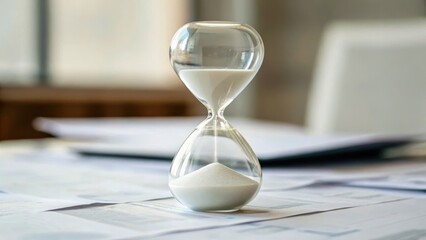 An hourglass sits on a table, symbolizing the passage of time in a serene workspace.