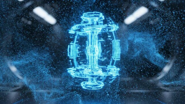 Blue Sci Fi Hologram Device Floating With Blue Particles In Dark Futuristic Room With Glowing Lights