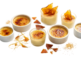 Delicious Assortment of Creamy Cr?me Br?l?e Varieties with Caramelized Sugar Tuiles and Garnishes
