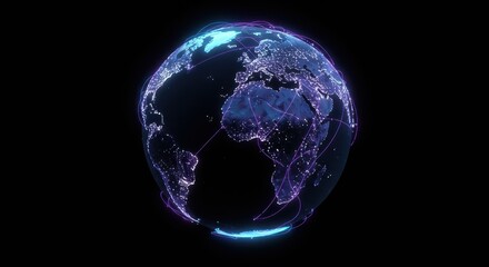 Digital representation of the planet illuminated by global network connections against a dark background