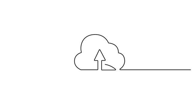 Minimalist single line art drawing depicting a cloud and an upward arrow, symbolizing cloud uploading or data transfer- Full length one line animation