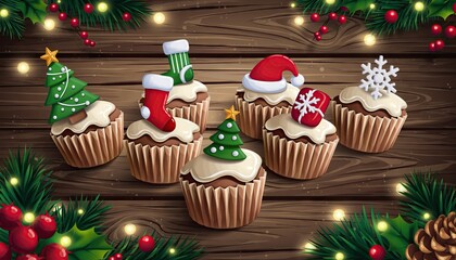 Christmas Cupcakes on Wooden Table with Festive Decorations.