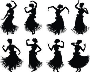 Black and white silhouette illustration of dancing in a white background.