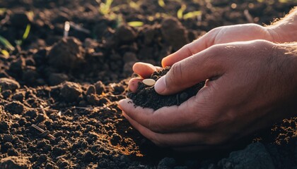 Close up of human hands carefully holding rich dark soil with a single seed symbolizing new life and agricultural potential