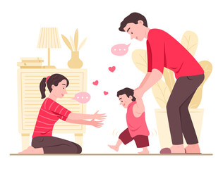Father and Mother Train Child to Walk in Living Room for Family, Parents and Love Concept Illustration