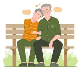 Senior Gay Men Couple Falling in Love while Sitting on Bench in Garden for LGBT Relationship Concept Illustration
