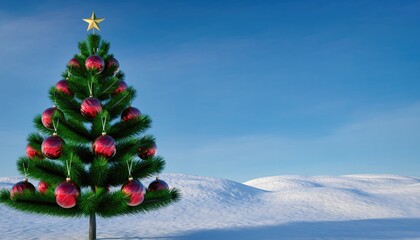 Christmas Tree in Snowy Landscape with Red Ornaments and Star.