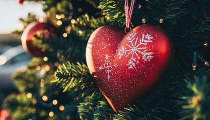 Christmas Ornament Heart Shape on a Christmas Tree.
