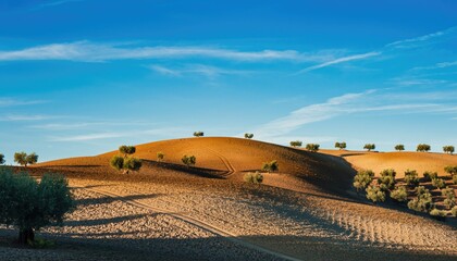 Rolling hills under a bright blue sky with sparse trees and shadows.