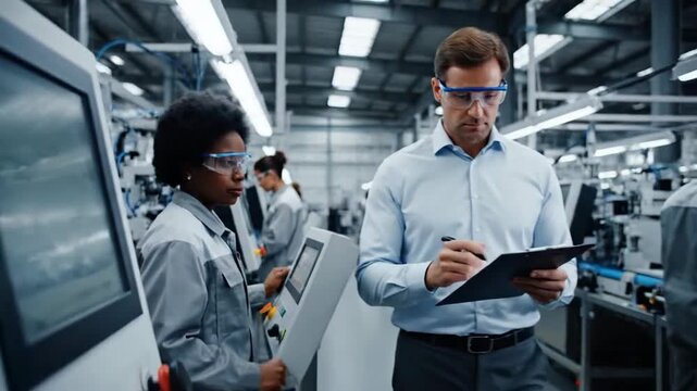 Factory manager overseeing production line with modern technology, ensuring quality and efficiency for a successful manufacturing operation