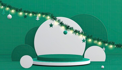 Festive Christmas Stage with Decorations and Green Backdrop.