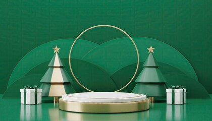 Festive Christmas Scene with Trees, Gifts, and Podium.