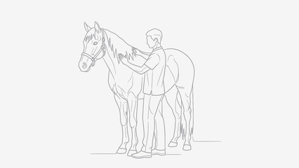Line drawing of a man grooming a horse, standing next to it and brushing its mane. The horse is saddled and standing still.