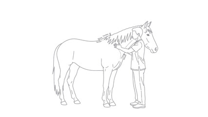 A person gently interacts with a standing horse, possibly grooming its neck or showing affection in a simple line art style.