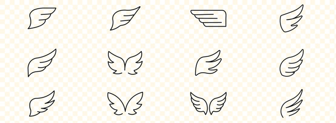 Doodle wings. Cartoon bird feather wings, religious angel wings ink sketch, black tattoo silhouette. Vector hand drawn blade wing sketch set for heraldic symbol emblem on white © MstShahanag