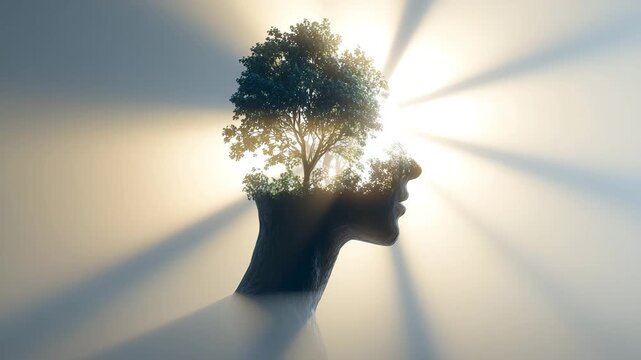 Silhouette of head with tree growing inside and bright light rays shining behind it