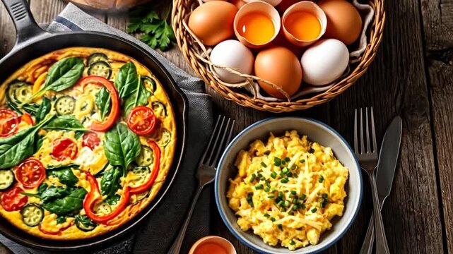 Overhead View of Gourmet Breakfast Dishes with Frittata Eggs Avocado Toast and Scrambled Eggs on Rustic Wooden Table