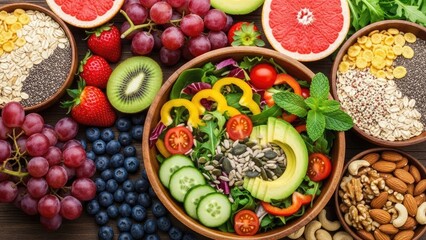 A vibrant and diverse array of fresh fruits, vegetables, nuts, and grains, symbolizing a balanced and nutritious diet for a healthy lifestyle, promoting wellness and vitality