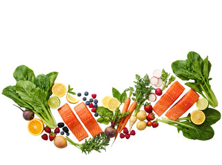 Vibrant Arrangement of Fresh Salmon, Colorful Vegetables and Fruits for a Healthy Lifestyle