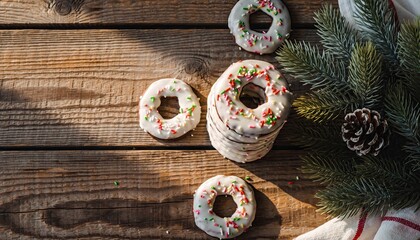 Christmas Cookies with Sprinkles on Wooden Surface.